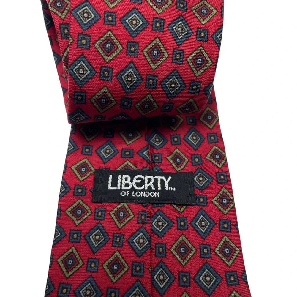 Vintage‎ Liberty Of London 100% Silk Tie Deep Red Geometric Diamonds Classic